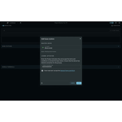 Spectera Zone 02 activation license screenshot of the LinkDesk Add base station dialog with Product Activation Key field, accepted EULA checkbox and Cancel and Enter buttons, Sennheiser