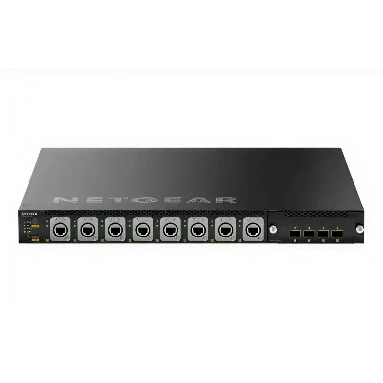 M4350 MSM4320 managed AV switch front view showing eight Neutrik etherCON RJ45 ports and four SFP28 slots in the interface module bay, NETGEAR