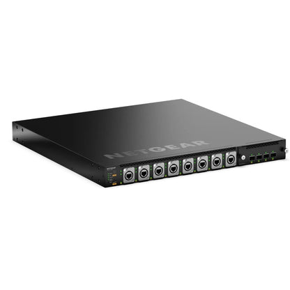 M4350 MSM4320 managed AV switch front left angled view with etherCON ports, status LEDs and SFP28 module bay, NETGEAR