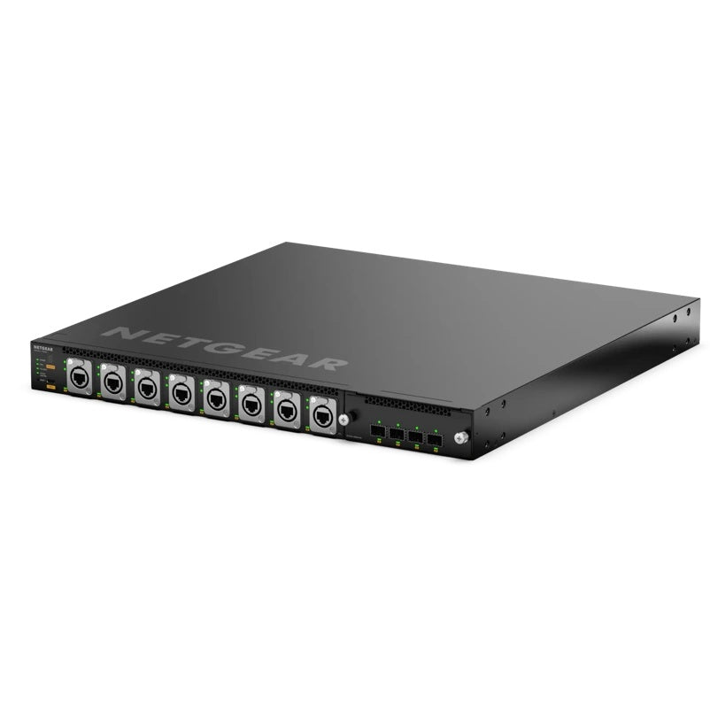 M4350 MSM4320 managed AV switch front right angled view showing NETGEAR logo on the top panel and 1U chassis, NETGEAR