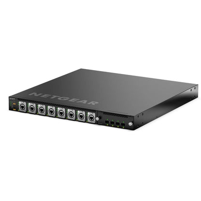 M4350 MSM4320 managed AV switch front right angled view showing NETGEAR logo on the top panel and 1U chassis, NETGEAR