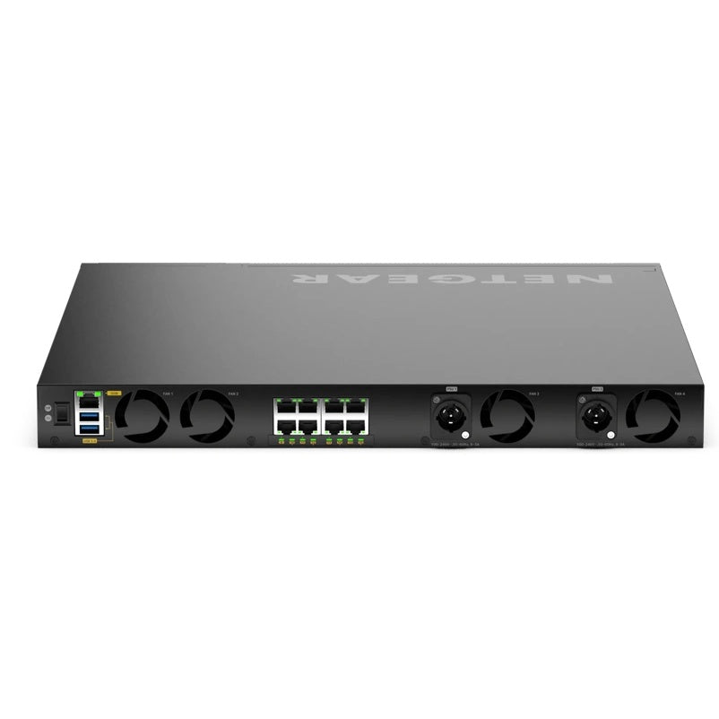 M4350 MSM4320 rear panel showing eight RJ45 ports, four fans, USB ports and two powerCON power inlets, NETGEAR