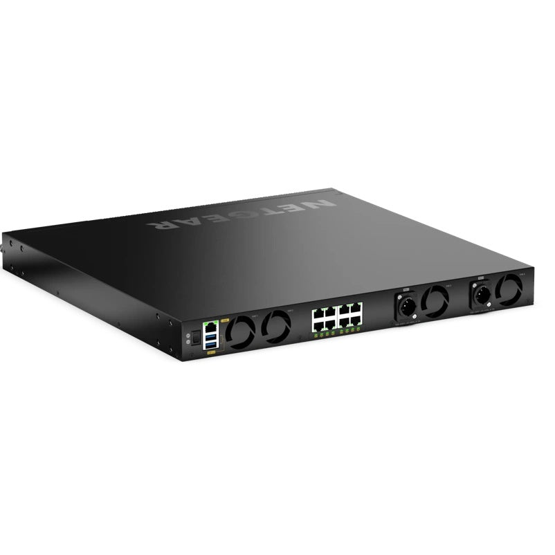 M4350 MSM4320 rear left angled view showing RJ45 ports, fans and dual powerCON redundant power inlets, NETGEAR