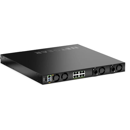 M4350 MSM4320 rear left angled view showing RJ45 ports, fans and dual powerCON redundant power inlets, NETGEAR
