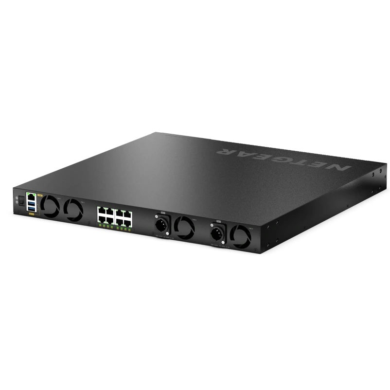 M4350 MSM4320 rear right angled view with management and USB ports, fan modules and powerCON power inputs, NETGEAR
