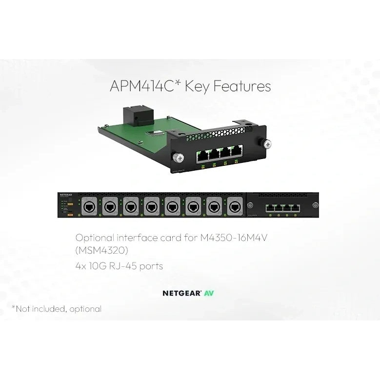 APM414C optional interface card for M4350 MSM4320 with four 10G RJ-45 ports, shown beside switch front panel with module fitted, NETGEAR