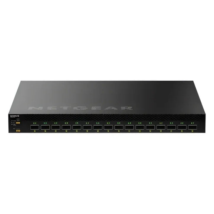 CSM4316 M4350 front view showing row of 16 QSFP28 100G ports with green link LEDs and NETGEAR logo on top panel, NETGEAR
