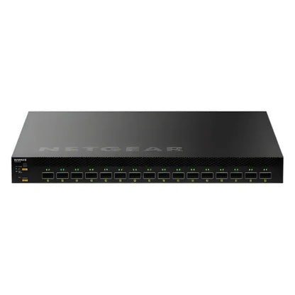 CSM4316 M4350 front view showing row of 16 QSFP28 100G ports with green link LEDs and NETGEAR logo on top panel, NETGEAR