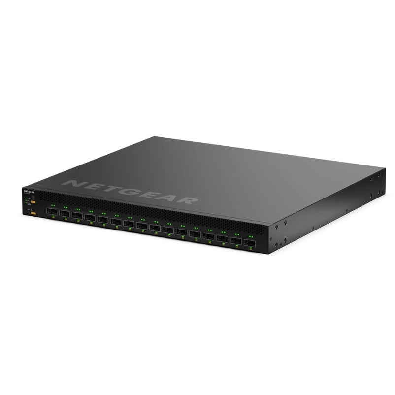 CSM4316 M4350 front right angled view showing 16 QSFP28 ports with green LEDs and side rack ear screws, NETGEAR