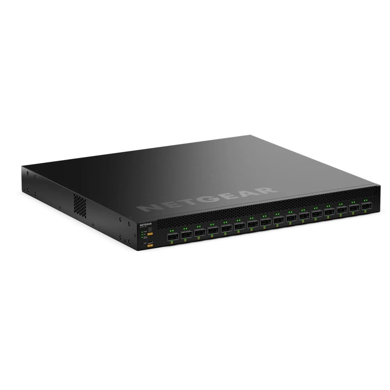 CSM4316 M4350 front left angled view showing 16 QSFP28 ports, status LEDs and side ventilation grille, NETGEAR