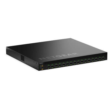 CSM4316 M4350 front left angled view showing 16 QSFP28 ports, status LEDs and side ventilation grille, NETGEAR