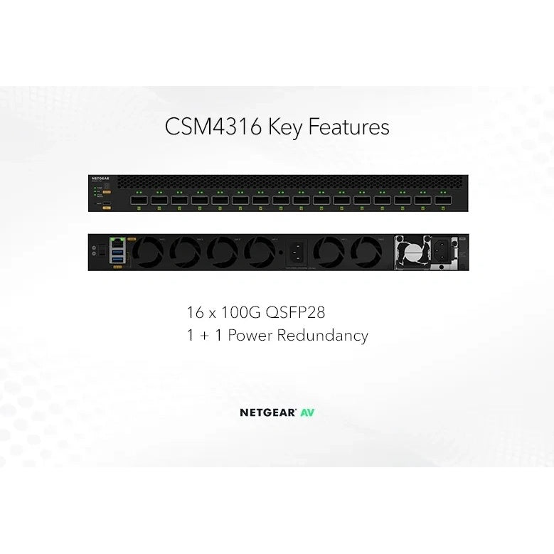 CSM4316 key features graphic showing front and rear panels with 16 x 100G QSFP28 ports and 1+1 power redundancy, NETGEAR