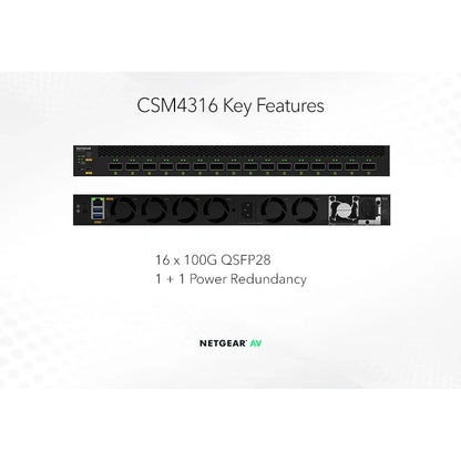 CSM4316 key features graphic showing front and rear panels with 16 x 100G QSFP28 ports and 1+1 power redundancy, NETGEAR