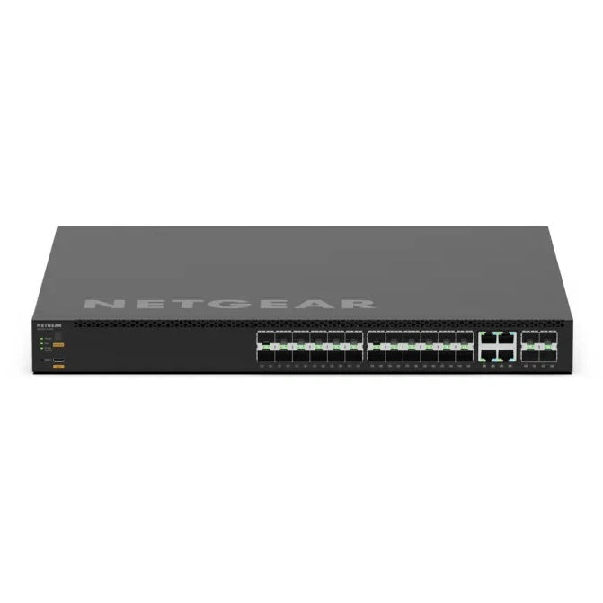 MSM4328F front view showing 24 SFP ports and four 10G copper combo ports with status LEDs and USB port on the left, NETGEAR