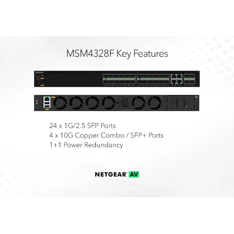 MSM4328F key features graphic showing front and rear panels with 24 x 1G/2.5G SFP ports, 4 x 10G combo/SFP+ ports and 1+1 power redundancy, NETGEAR