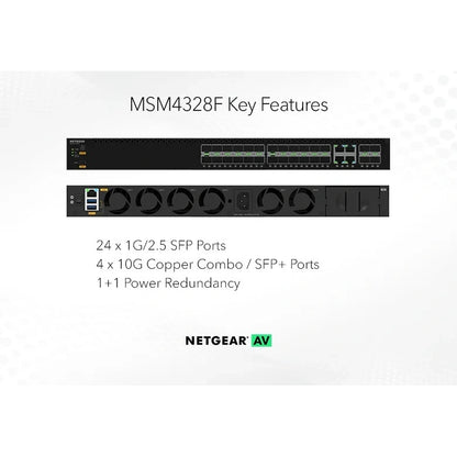 MSM4328F key features graphic showing front and rear panels with 24 x 1G/2.5G SFP ports, 4 x 10G combo/SFP+ ports and 1+1 power redundancy, NETGEAR