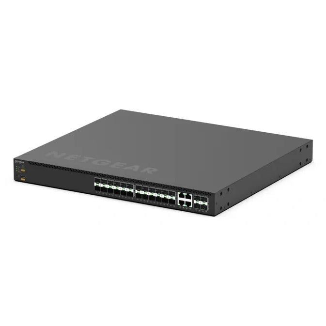 MSM4328F front right angled view showing SFP port bank and 10G combo ports on the 1U chassis, NETGEAR