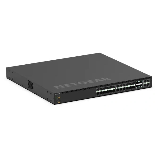 MSM4328F front left angled view showing SFP port bank, status LEDs and side ventilation on the 1U chassis, NETGEAR