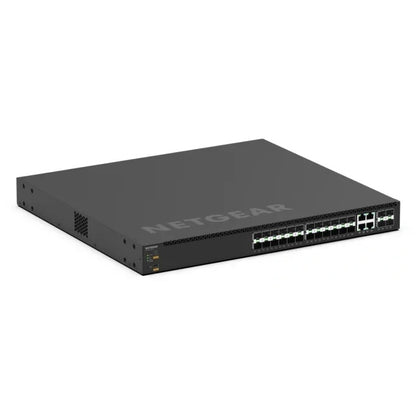 MSM4328F front left angled view showing SFP port bank, status LEDs and side ventilation on the 1U chassis, NETGEAR