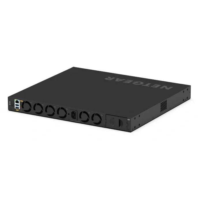 MSM4328F rear right angled view showing six fan modules, AC power inlet, management ports and empty power supply bay, NETGEAR