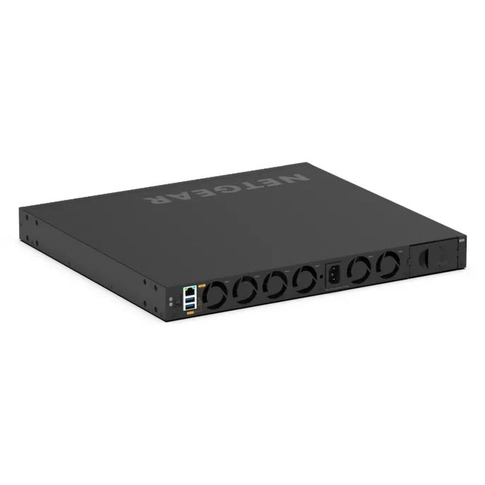 MSM4328F rear left angled view showing management Ethernet and USB ports, six fans, AC inlet and redundant PSU slot, NETGEAR