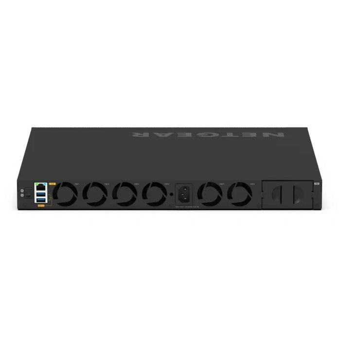 MSM4328F rear panel straight-on showing management RJ45 and dual USB ports, six fan modules, AC power inlet and PSU bay cover, NETGEAR