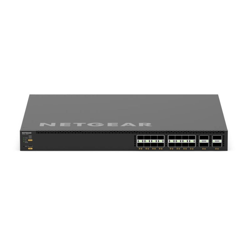 VSM4320C M4350 front view showing 16 SFP28 ports and 4 QSFP28 ports with front-panel status LEDs and USB-C port, NETGEAR