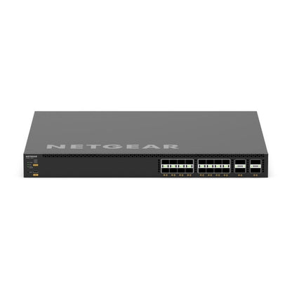 VSM4320C M4350 front view showing 16 SFP28 ports and 4 QSFP28 ports with front-panel status LEDs and USB-C port, NETGEAR