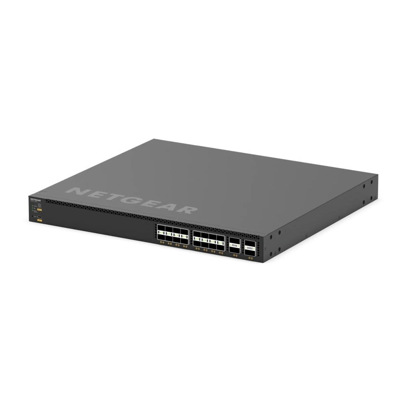 VSM4320C M4350 angled front view from the left showing SFP28 and QSFP28 port bank and NETGEAR logo on the top cover, NETGEAR