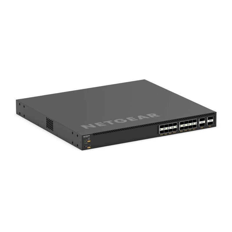 VSM4320C M4350 angled front view from the right showing SFP28 and QSFP28 ports and side ventilation grille, NETGEAR