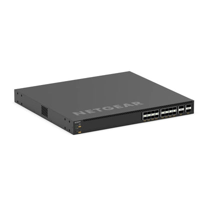 VSM4320C M4350 angled front view from the right showing SFP28 and QSFP28 ports and side ventilation grille, NETGEAR