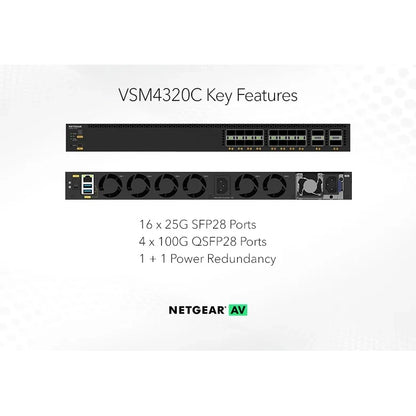 VSM4320C key features graphic showing front and rear panels with 16 x 25G SFP28 ports, 4 x 100G QSFP28 ports and 1+1 power redundancy, NETGEAR