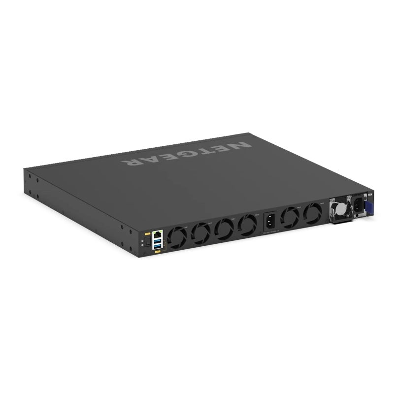 VSM4320C M4350 angled rear view showing six fan modules, fixed AC inlet, removable power supply, RJ45 management port and USB ports, NETGEAR