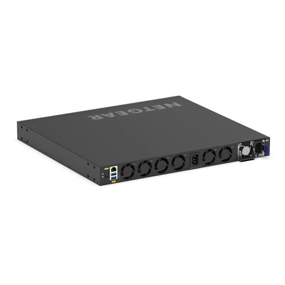 VSM4320C M4350 angled rear view showing six fan modules, fixed AC inlet, removable power supply, RJ45 management port and USB ports, NETGEAR