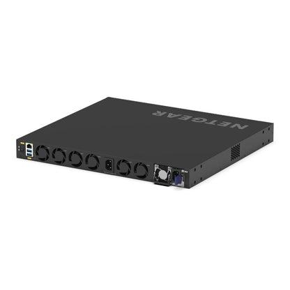 VSM4320C M4350 angled rear view from the right showing six fans, AC power inlet, redundant power supply slot and USB ports, NETGEAR