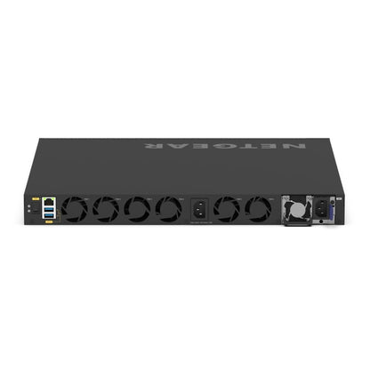 VSM4320C M4350 rear panel showing six fan modules, two AC power inlets with a removable PSU, RJ45 management port and dual USB-A ports, NETGEAR