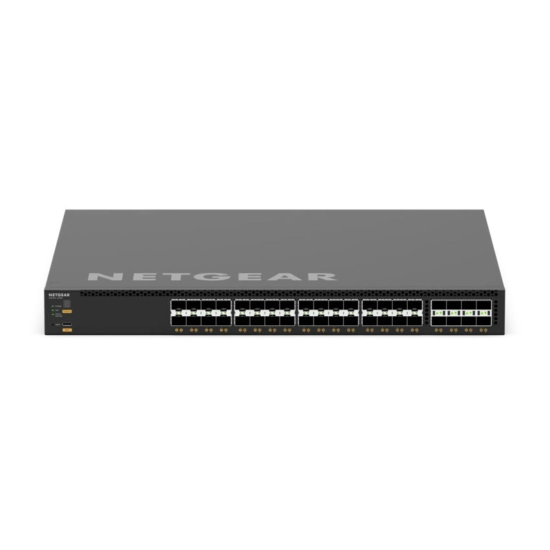M4350-32F8V front view showing 32 SFP+ ports and 8 SFP28 ports with NETGEAR logo on top panel, NETGEAR