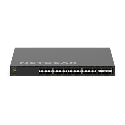 M4350-32F8V front view showing 32 SFP+ ports and 8 SFP28 ports with NETGEAR logo on top panel, NETGEAR