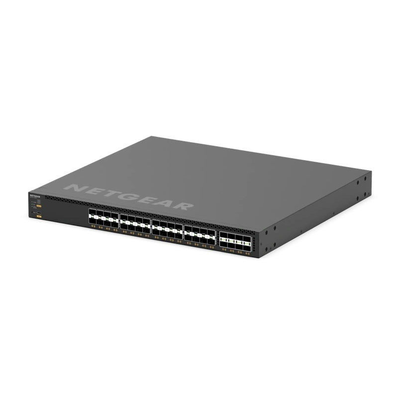 M4350-32F8V angled front-left view showing SFP+ port rows, status LEDs and 1U rack ears, NETGEAR
