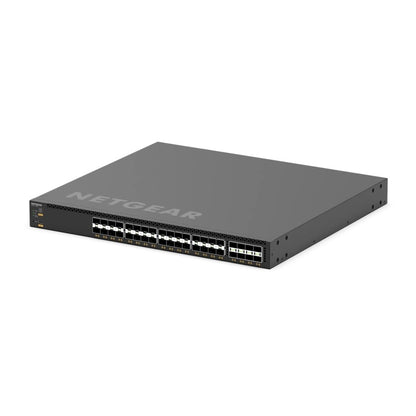 M4350-32F8V angled front-left view showing SFP+ port rows, status LEDs and 1U rack ears, NETGEAR