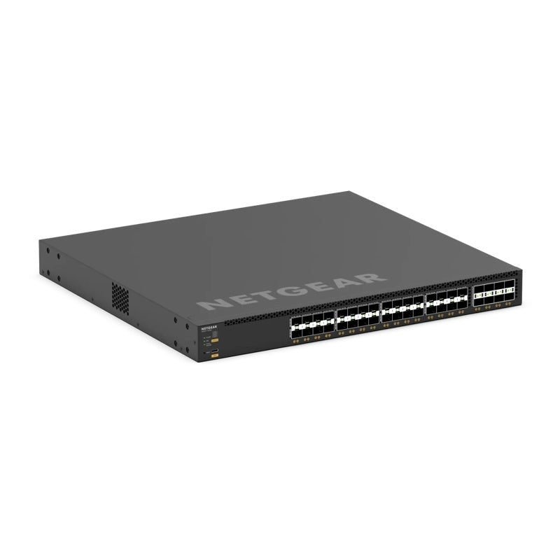 M4350-32F8V angled front-right view showing SFP+ and SFP28 port banks and side ventilation grille, NETGEAR