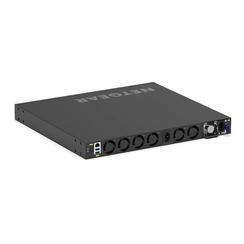 M4350-32F8V angled rear view showing six fan modules, RJ45 management port, dual USB-A ports and AC power inlets, NETGEAR