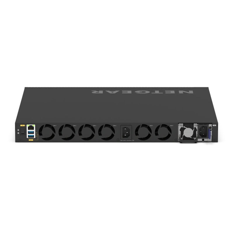M4350-32F8V rear panel showing six fan modules, fixed AC inlet, hot-swap power supply bay, RJ45 and dual USB ports, NETGEAR