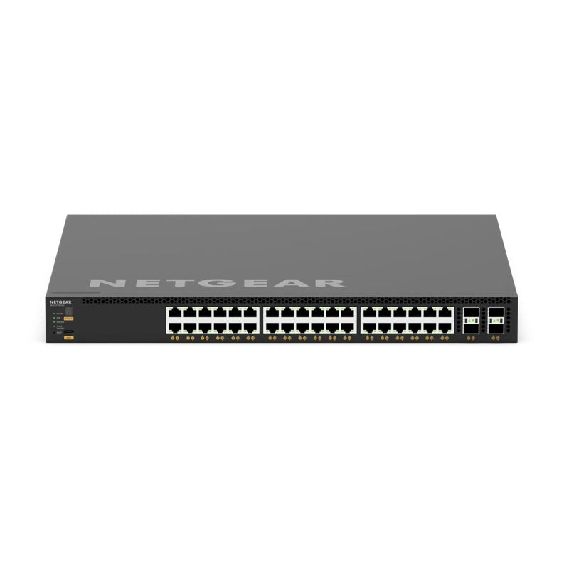 XSM4340CV M4350 front view showing 36 RJ45 multi-gig PoE++ ports and four SFP28 cage ports beside the LED panel, NETGEAR