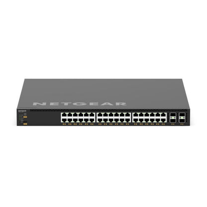 XSM4340CV M4350 front view showing 36 RJ45 multi-gig PoE++ ports and four SFP28 cage ports beside the LED panel, NETGEAR