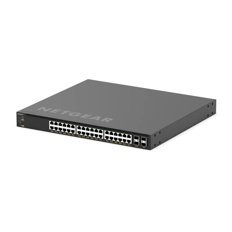XSM4340CV M4350 angled front-left view showing the RJ45 port rows, SFP28 cages and rack ears on the 1U chassis, NETGEAR