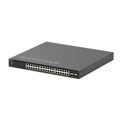 XSM4340CV M4350 angled front-left view showing the RJ45 port rows, SFP28 cages and rack ears on the 1U chassis, NETGEAR