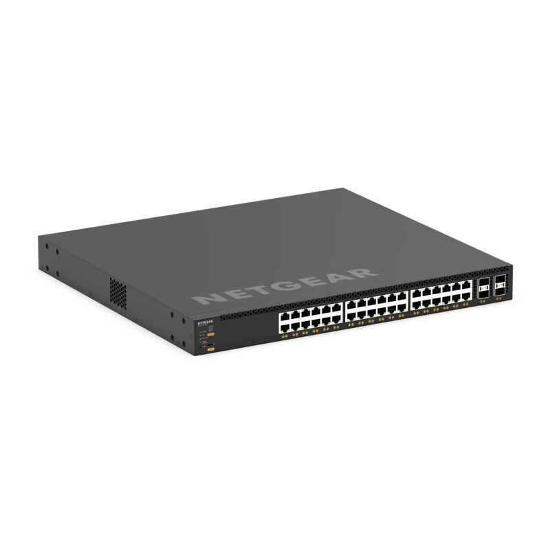 XSM4340CV M4350 angled front-right view showing the port array, SFP28 cages and side ventilation grille, NETGEAR