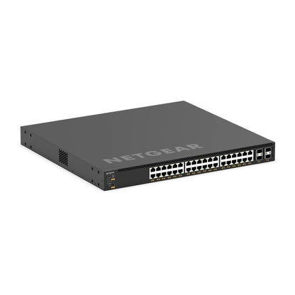 XSM4340CV M4350 angled front-right view showing the port array, SFP28 cages and side ventilation grille, NETGEAR
