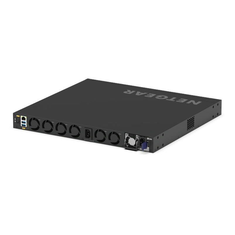 XSM4340CV M4350 angled rear view showing six fan modules, AC inlet, modular power supply slot and USB and management ports, NETGEAR